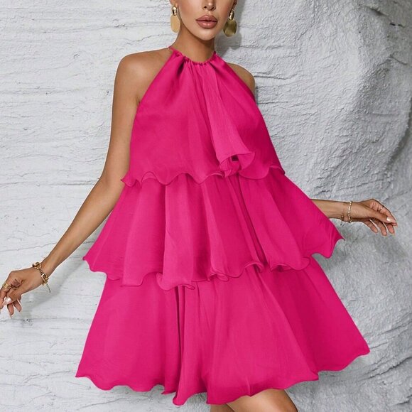 Hot Pink Casual Women's Ruffled tiered Mini Dress - Picture 4 of 6